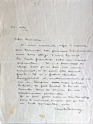MUSIC - Claude Debussy (Saint-Germain-en-Laye, 1862 - Paris, 1918) - Autograph letter signed