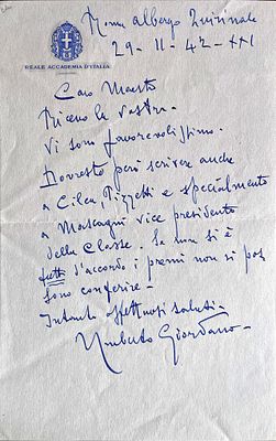 MUSIC - Umberto Giordano (Foggia, 1867 - Milan, 1948) - Autograph letter signed