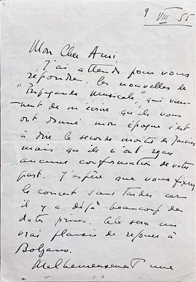 MUSIC - Nikita Magaloff (Saint Petersburg, 1912 - Vevey, 1992) - Autograph letter signed