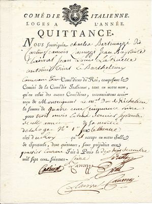 (Theater) Jean-Louis Laruette (Paris 1731 - Ib. 1792) - Partly printed receipt