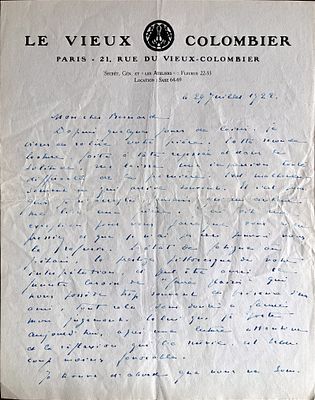 (Theater) Jaques Copeau (Paris, 1879 - Beaune, 1949) - Autograph letter signed