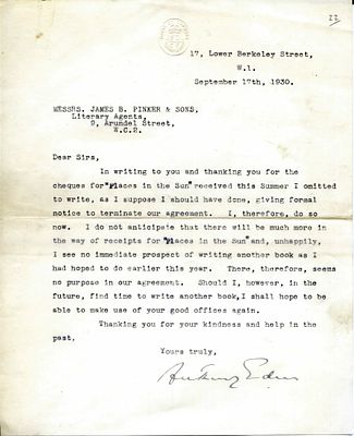 HISTORY - Anthony Eden (Rushyford, 1897 - Salisbury, 1977) - Interesting typed letter signed