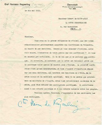 HISTORY - Hermann von Keyserling (Konnu, 1880 - Innsbruck, 1946) - Typed letter signed
