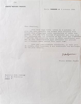 HISTORY - Pierre Mendès France (Paris, 1907 - ib., 1986) - Autograph letter signed