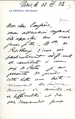 HISTORY - Maxime Weygand (Bruxelles, 1867 - Paris, 1965) - Autograph letter signed