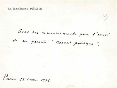 HISTORY - Philippe Pétain (Cauchy-à-la-Tour, 1856 - île d’Yeu, 1951) - Autograph card signed