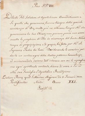 HISTORY - Pope Pius VII (Barnaba Chiaramonti (Cesena, 1742 - Rome, 1823) - Letter signed