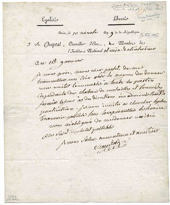 SCIENCE - Jean-Antoine Chaptal (Saint-Pierre-de-Nogaret, 1756 - Paris, 1832) - Autograph letter
