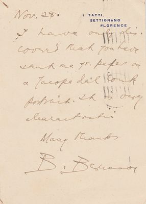 ART - Bernard Berenson (Butrymonis, 1865 - Fiesole, 1859) - Autograph letter
