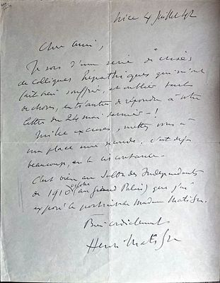 ART - Henri Matisse (Le Cateau-Cambrésis, 1869 - Nice, 1954) - Autograph letter signed