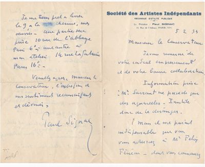 ART - Paul Signac (Paris, 1863 - ib., 1935) - Highly informative autograph letter signed in French