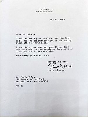 CONTEMPORARY ANGLO-AMERICAN LITERATURE - Pearl S. Buck (Hilssboro, 1892 - Danby, 1973) - Typed