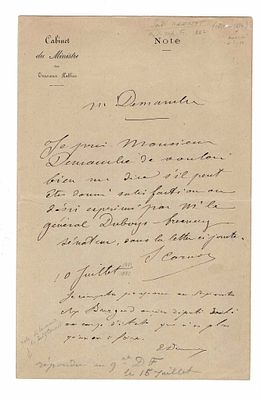 HISTORY - CARNOT Sadi (1837 - 1894) - Autograph letter signed