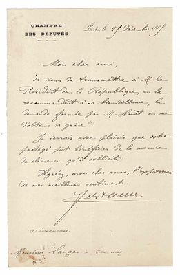 HISTORY - FAURE Félix (1841 - 1899) - Autograph letter signed