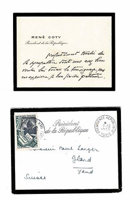 HISTORY - COTY René (1882 - 1962) - Visiting card with autograph lines