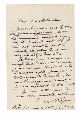 HISTORY - FREYCINET Charles de (1828 - 1923) - Autograph letter signed