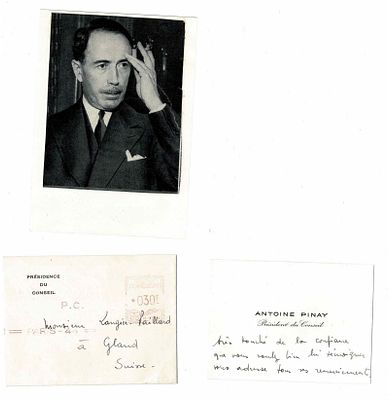 HISTORY - PINAY Antoine (1891 - 1994) - Visiting card signed