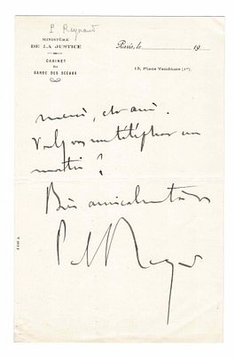 HISTORY - REYNAUD Paul (1878 - 1966) - Autograph letter signed