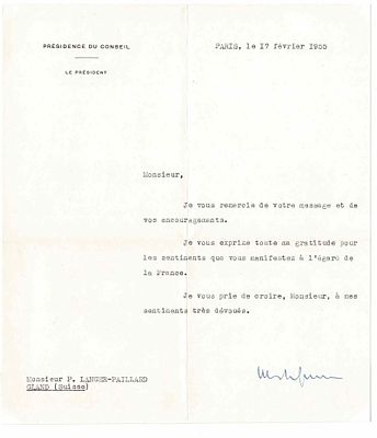 HISTORY - MENDES-FRANCE Pierre (1907 - 1982) - Typed letter signed