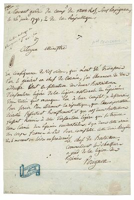 HISTORY - PERIGNON Catherine-Dominique (1754 - 1818) - Autograph letter signed