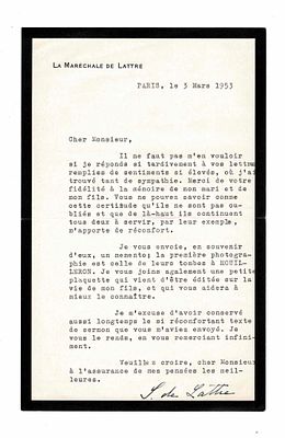 HISTORY - DE LATTRE DE TASSIGNY Simone (1906 - 2003) - Typed letter signed, autograph visiting card signed