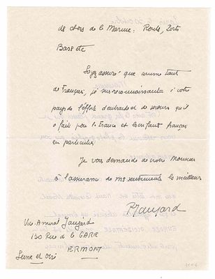 HISTORY - JAUJARD Robert (1896 - 1977) - Signed printed photograph ; Autograph letter signed