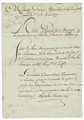 HISTORY - BEAUHARNAIS Alexandre (1760 - 1794) - Autograph letter signed