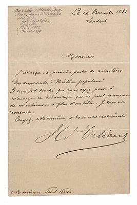 HISTORY - AUMALE Henri Eugène (1822 - 1897) - Autograph letter signed