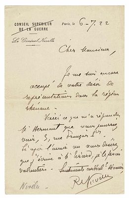 HISTORY - NIVELLE Robert Georges (1856 - 1924) - Autograph letter signed