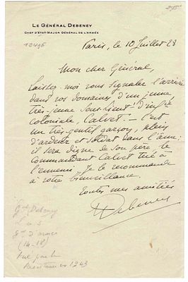HISTORY - DEBENEY Marie Eugène (1864 - 1943) - Autograph letter signed
