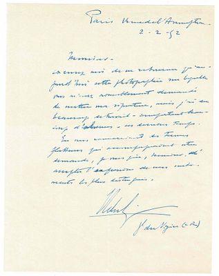 HISTORY - TOUZET DU VIGIER Jean-Louis-Alain (1888 - 1980) - Signed printed photograph ; autograph letter signed