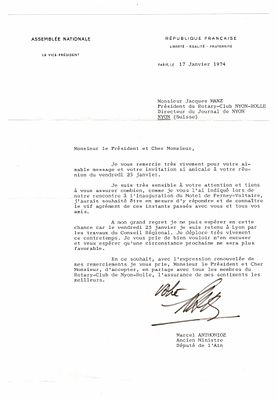 HISTORY - ANTHONIOZ Marcel (1911 - 1976) - Typed letter signed