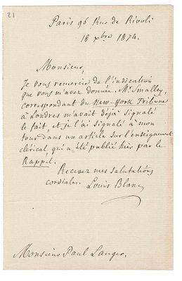 HISTORY - BLANC Louis (1811 - 1882) - Autograph letter signed
