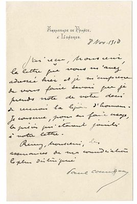 HISTORY - CAMBON Paul (1864 - 1924) - Autograph letter signed