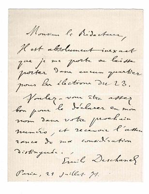 HISTORY - DESCHANEL Emile (1819 - 1904) - Autograph letter signed