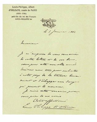 HISTORY - D'ORLEANS Louis-Philippe Albert (1838 - 1894) - Autograph letter signed