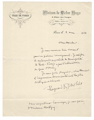 HISTORY - ESCHOLIER Raymond (1882 - 1971) - Autograph letter signed