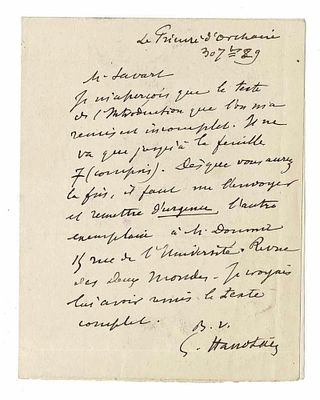 HISTORY - HANOTAUX Gabriel Albert Auguste (1853 - 1944) - Autograph letter signed