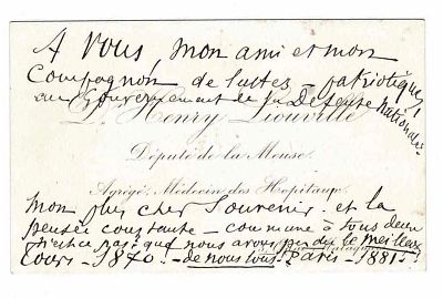 HISTORY - LIOUVILLE Henry (1837 - 1887) - Visiting card signed