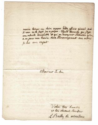 HISTORY - MIRABEAU Jean Antoine Riqueti de (1717 - 1794) - Autograph letter signed