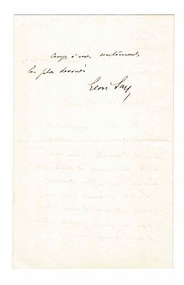 HISTORY - SAY Léon (1826 - 1896) - Autograph letter signed