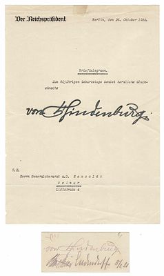 HISTORY - VON HINDENBURG Paul (1847 - 1934) - Telegram ; visiting card
