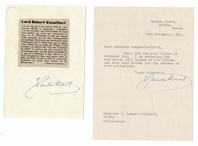 HISTORY - VANSITTART Robert Gilbert (1881 - 1957) - Typed letter signed