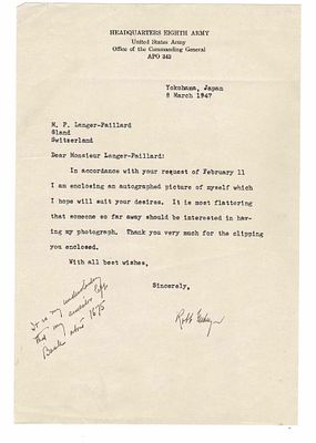 HISTORY - EICHELBERGER Robert L. (1886 - 1961) - Typed letter signed ; Signed printed photograph