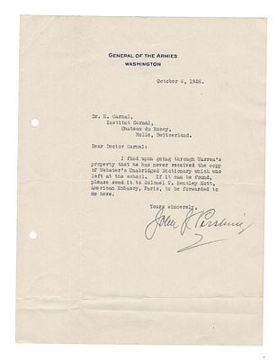 HISTORY - PERSHING John Joseph (1860 - 1948) - Typed letter signed