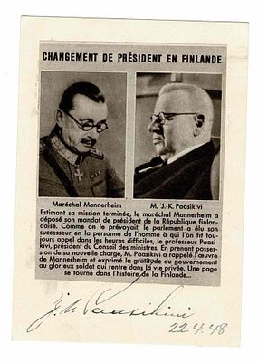 HISTORY - PAASIKIVI Juho Kusti (1870 - 1956) - Signed printed photograph