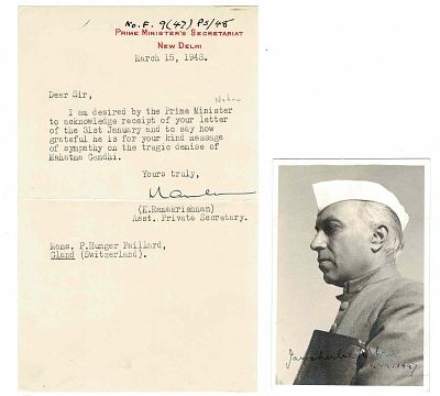 HISTORY - NEHRU Jawaharla (1889 - 1964) - Signed printed photograph ; Typed letter signed