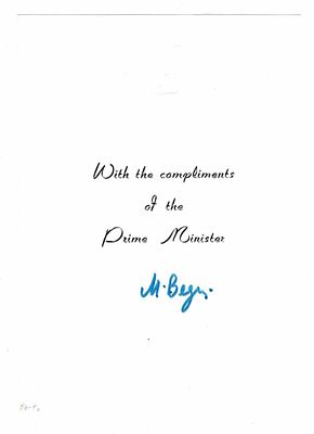 HISTORY - BEGIN Menachem (1913 - 1992) - Compliments card signed