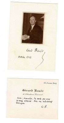 LITERATURE - BAUËR Gérard (1907 - 2000) - Signed printed photograph ; visiting card signed