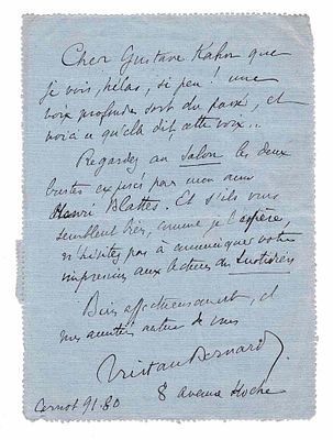 LITERATURE - BERNARD Paul dit Tristan (1866 - 1947) - Autograph letter signed